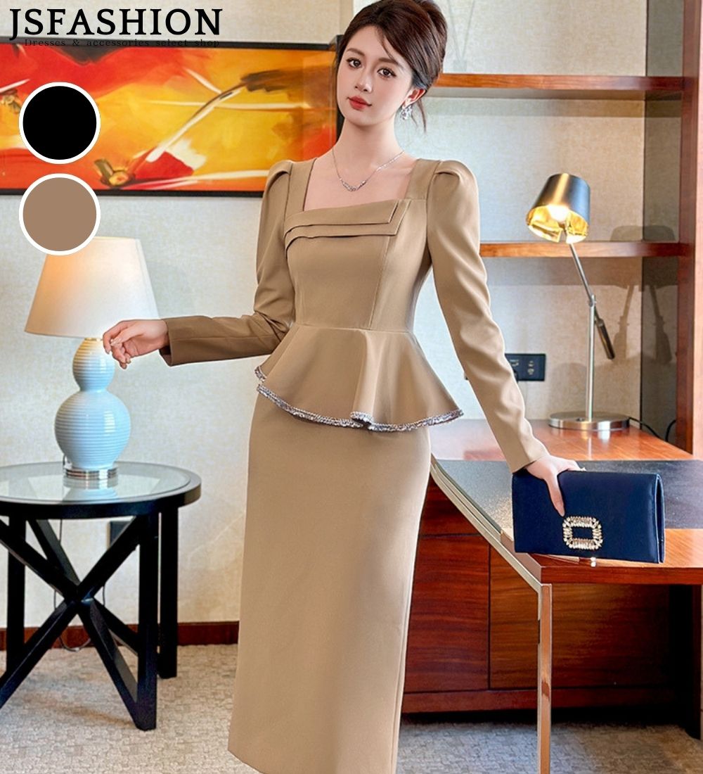 ドッキング ワンピース スクエアネック フリルペプラム風 切替 エレガント パフスリーブ 長袖 膝丈 通勤ワンピース ブラック ベージュ 春服 秋冬 S M L...