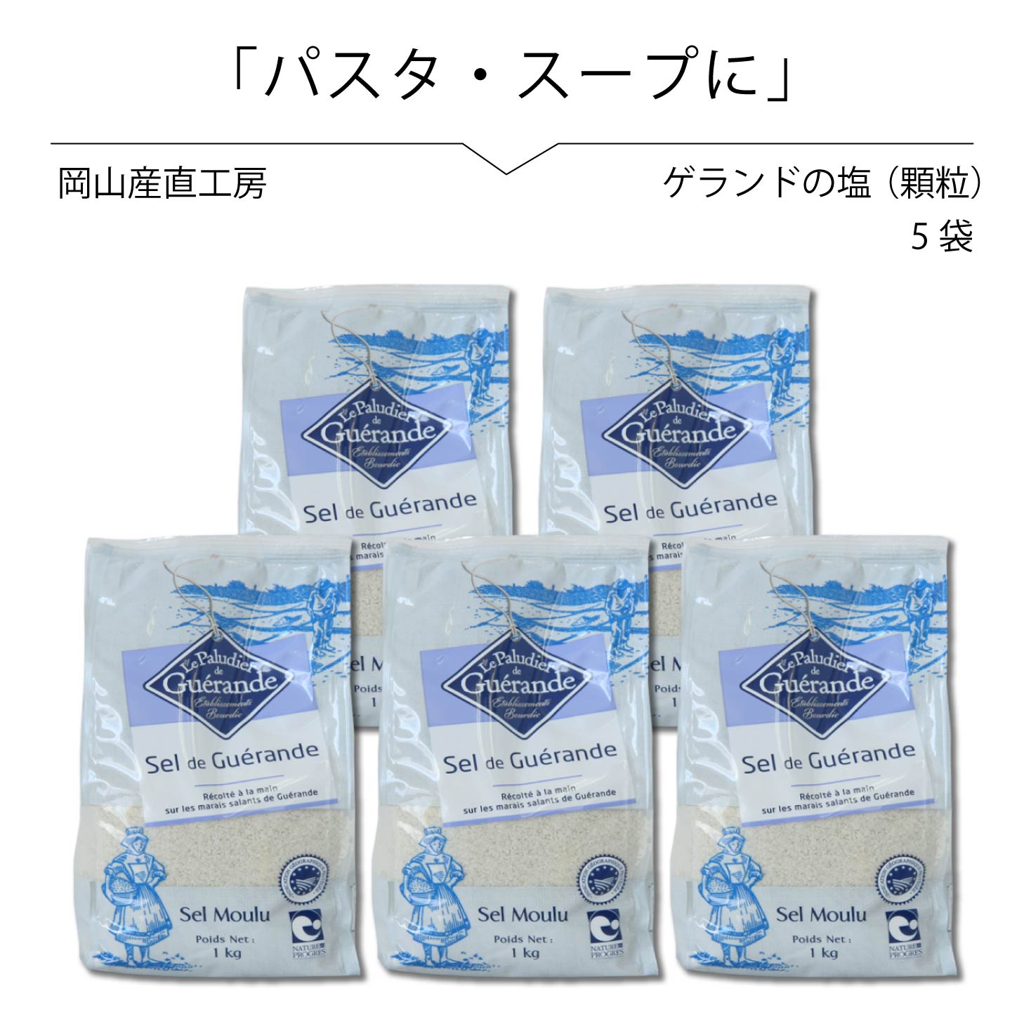  ゲランドの塩 顆粒 1kg × 5袋セット セルマランドゲランド アクアメール 海塩 無添加 無着色 パスタ塩 業務用 フランス有機農業推進団体認定品 フランス 塩 北海道沖縄一部地域配送不可