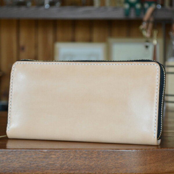 ラウンドファスナー ロングウォレット 長財布 メンズ 生成りレザー ヌメ革 本革 ナチュラル ハンドメイド 手仕事