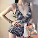 水着 レディース チェック柄 ビキニ クロスデザイン フリル ショートパンツ ボーイレッグタイプ セクシー 三角ビキニ 千鳥格子柄 セパレートビキニ びきに 海水浴 プール 温泉 リゾート 2点セット 安い