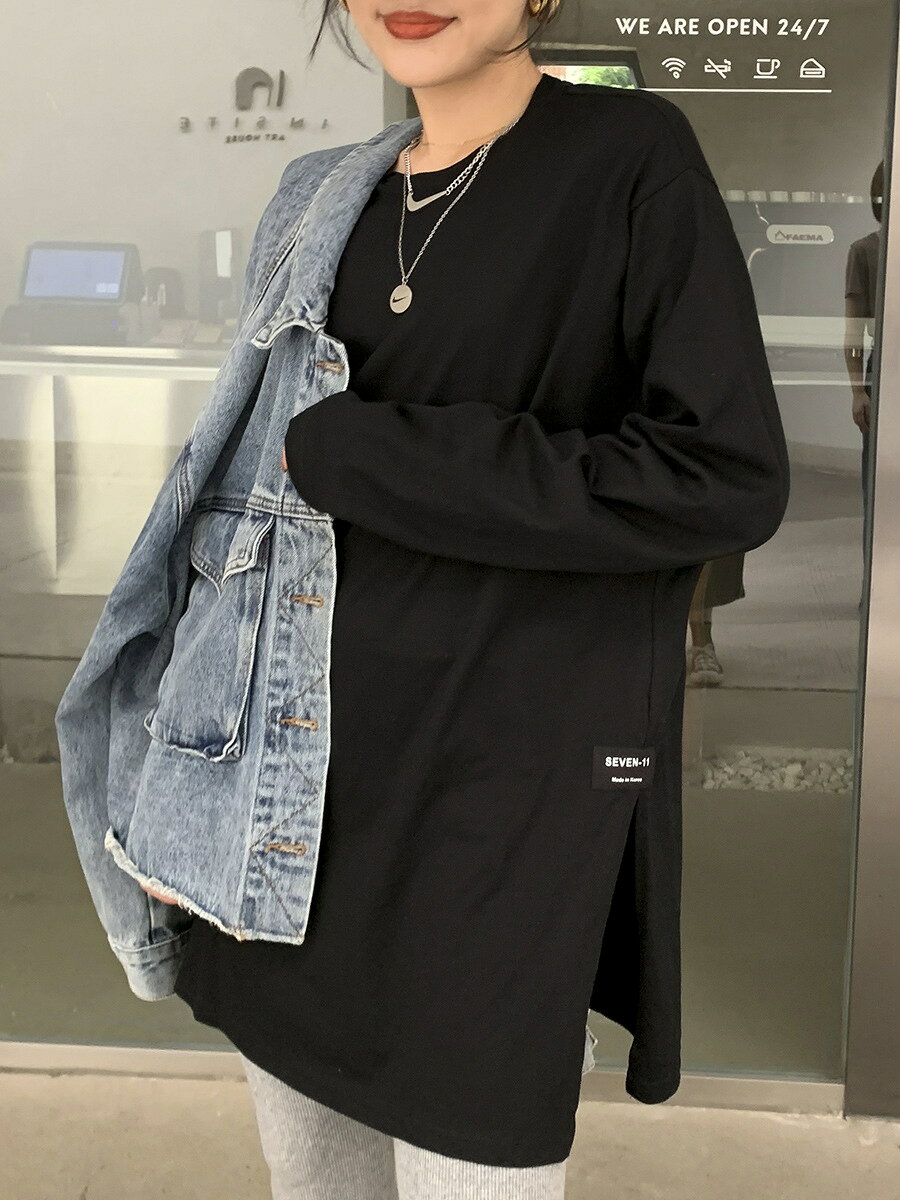 ロングTシャツ レディース 長袖 チュニックTシャツ ロンT 大きいサイズ オーバーサイズ ビッグシルエット ロング丈 ドロップショルダー スリット ゆったり 体型カバー お尻が隠れる カットソー 春 秋 冬 jsmileshop-10001233 Jsmile Shop サンプル画像2