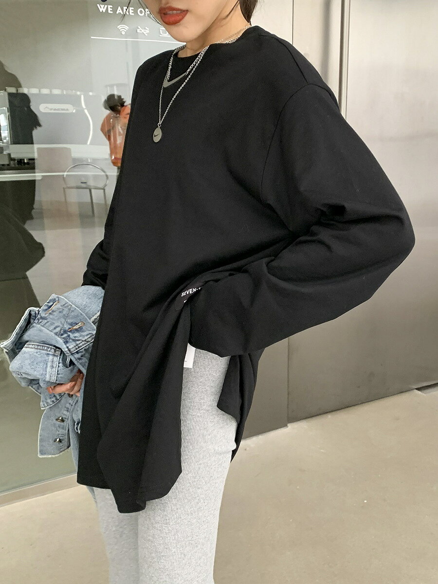 ロングTシャツ レディース 長袖 チュニックTシャツ ロンT 大きいサイズ オーバーサイズ ビッグシルエット ロング丈 ドロップショルダー スリット ゆったり 体型カバー お尻が隠れる カットソー 春 秋 冬 jsmileshop-10001233 Jsmile Shop サンプル画像3