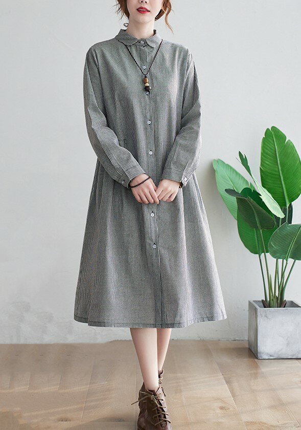 【在庫処分】ゆる ロングシャツ チェック柄 シャツワンピース チェック柄 レディース 春夏 長袖 スタンドカラー 大きいサイズ 綿麻 ロングワンピース ミモレ丈 ゆったりワンピース コットン リネン ワンピ シンプル カジュアル キレイめ 体型カバー 着痩せ