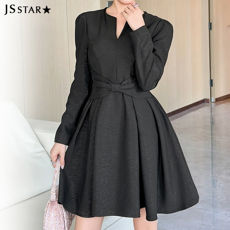 Aラインワンピース フレンチVネック ウエストリボン パーティードレス お呼ばれドレス 長袖 ブラックドレス 黒 膝丈 ひざ丈 ミディアム丈 きれいめ フェミニ...