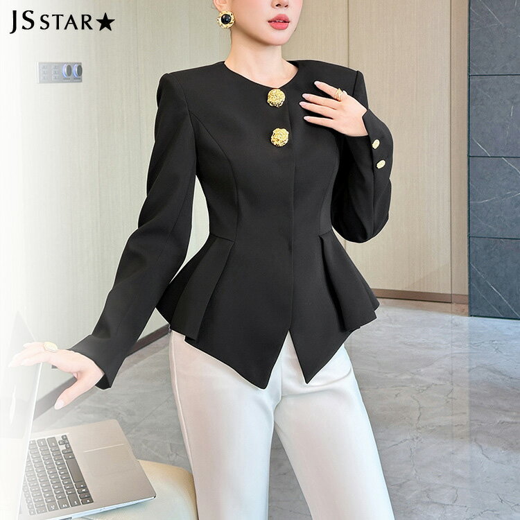 ペプラムジャケット ラウンドネック ウエストシェイプ 大きめゴールドボタン ブラック 長袖 黒 ブラック オケージョン きれいめ おしゃれ 上品 かっこいい 結婚式 披露宴 同窓会 春 秋冬 S M L XL XXL 大きいサイズ レディース