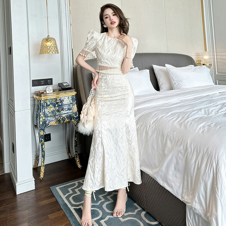 セットアップ フリンジ風トップス マーメイドスカート 上下セット 柄 ショート丈 パフスリーブ ロングスカート パーティーコーデ トップス きれいめ 大きいサイズ 二次会 お呼ばれドレス 春夏秋冬 オケージョンjy8300906