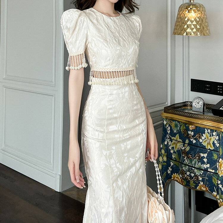 セットアップ フリンジ風トップス マーメイドスカート 上下セット 柄 ショート丈 パフスリーブ ロングスカート パーティーコーデ トップス きれいめ 大きいサイズ 二次会 お呼ばれドレス 春夏秋冬 オケージョンjy8300906