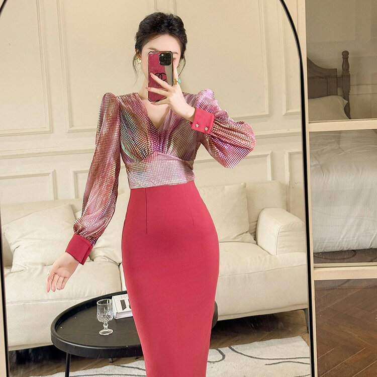 全2色 ブラウス風 パーティードレス ドッキング ワンピース 虹色 格子柄 Vネック タイト ワンピース 長袖 ロング丈 春夏秋冬 お呼ばれドレス jy8301489