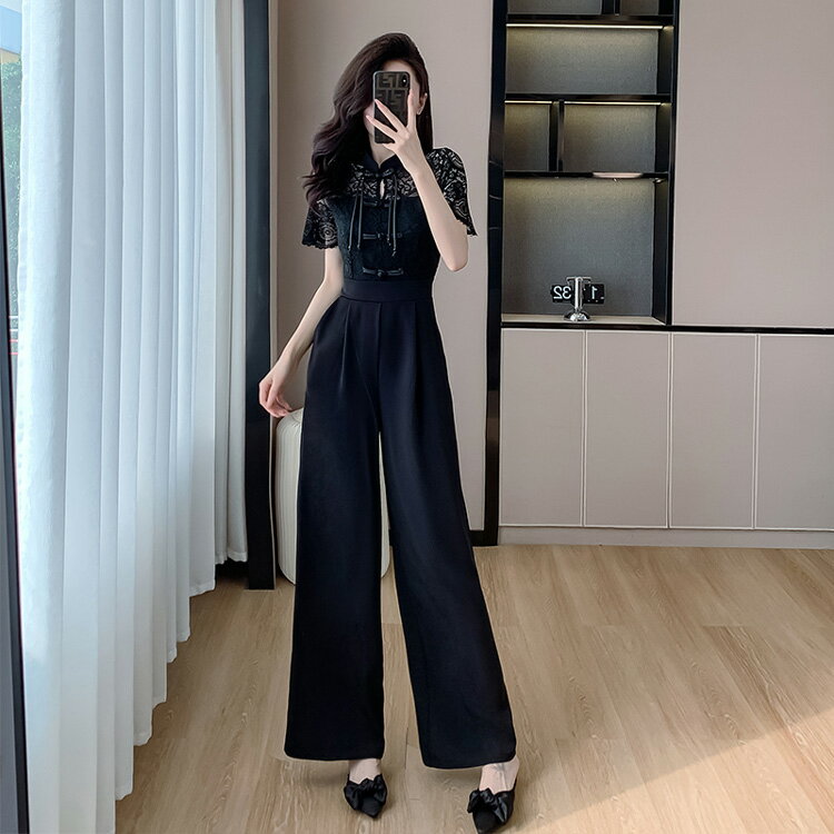 パンツドレス 結婚式 黒 レース チャイナ風 ウエストマーク オールインワン 半袖 ロングパンツ フレアパンツ きれいめ かっこいい オケージョン 食事会 お呼ばれ レディース 同窓会 春 夏 秋 冬【wm4820221】