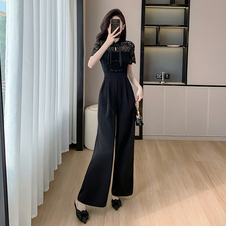 パンツドレス 結婚式 黒 レース チャイナ風 ウエストマーク オールインワン 半袖 ロングパンツ フレアパンツ きれいめ かっこいい オケージョン 食事会 お呼ばれ レディース 同窓会 春 夏 秋 冬【wm4820221】