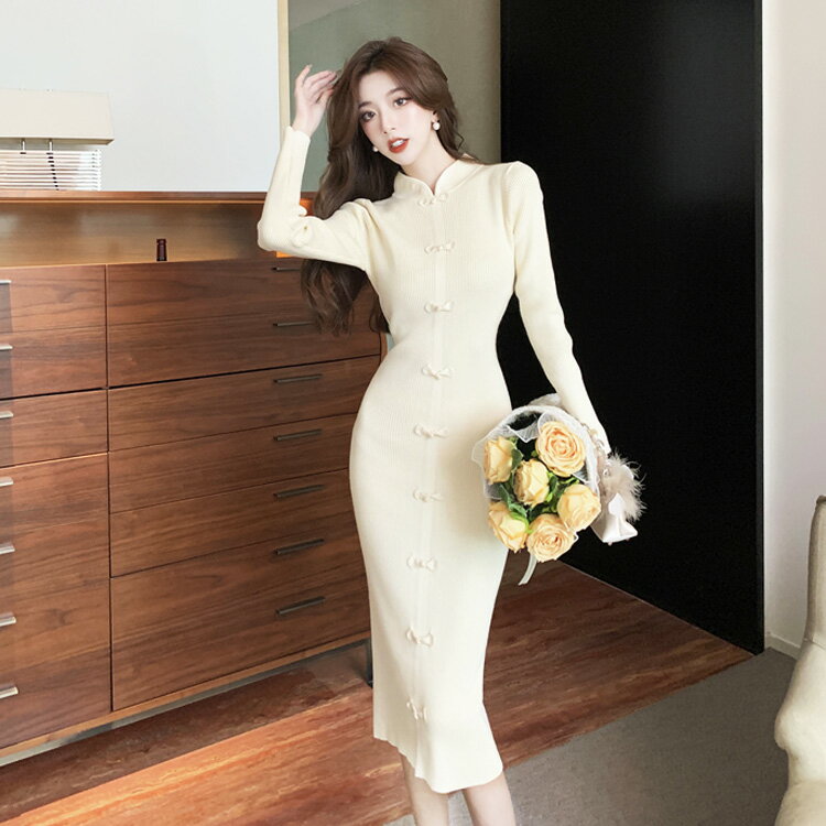 ニットワンピース 全2色 長袖 リブニット チャイナドレス風 ロングワンピース ロング丈 膝下丈 ミモレ丈 きれいめ おしゃれ 上品 大人可愛い デート 二次会 通勤 通学 春秋冬