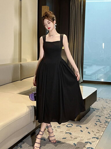 Aラインワンピース 全2色 スクエアネック サイドギャザー Aライン フレア ワンピ ノースリーブ リネン調素材 ブラックドレス 黒 ロング丈 きれいめ 上品 二次会 お呼ばれ 成人式 春夏秋冬オケージョンjy8301542