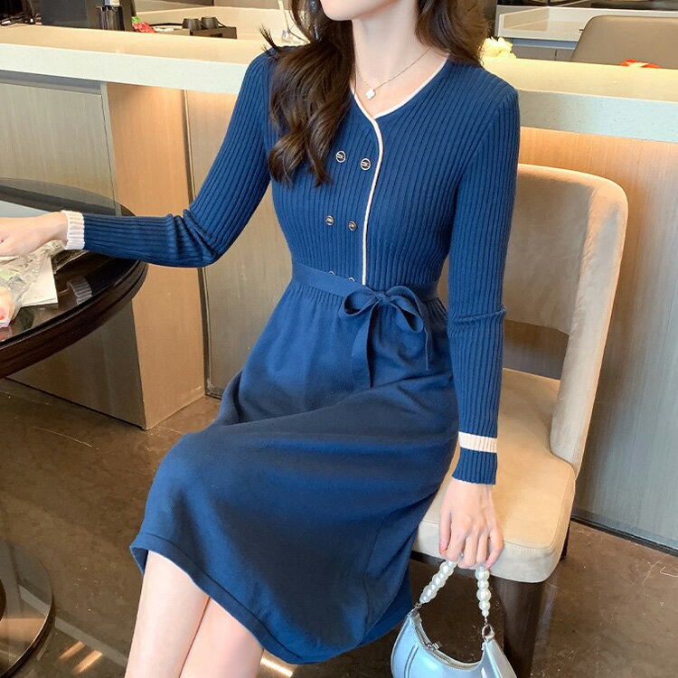 ニットワンピースバイカラー配色ボタ...