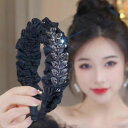 カチューシャ 全2種 ベロア 黒 ギャザー 花柄 ビジュー飾り 幅広 華やか ビジュー ブラック ヘアアクセサリー 大きめ 大きい 黒 二次会 パーティー 成人...
