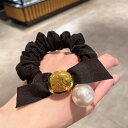 FashionSale全品5%OFFCoupon ヘアゴム パール付き シュシュ ゴールドパーツ付き 普段使い 黒 りぼん ヘアアクセサリー 髪留め ヘッドアク...