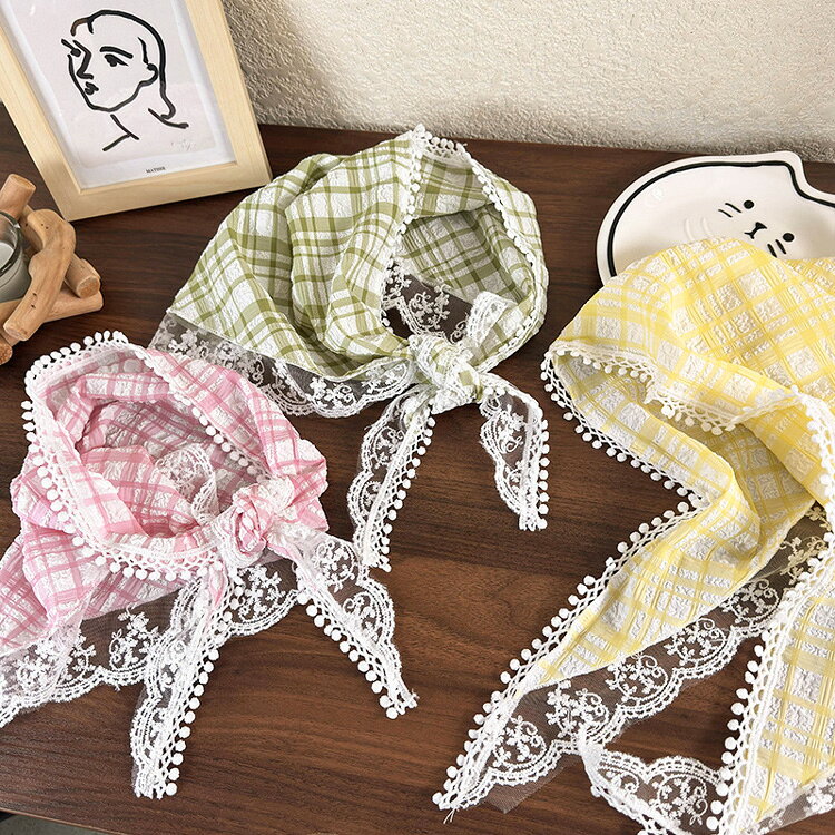 JSstarのレース三角巾 バンダナ 全3色 スカーフ チェック柄 三角形 シワ加工 ヘアアクセサリー ファッション小物 日焼け防止 レジャー ネックスカーフ かわいい 女の子 学校 家庭科 調理 クッキングスクール 田園スタイル レディース｜アングル3