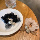 FashionSale全品5%OFFCoupon オーガンジー ヘアゴム 全2色 シュシュ 普段使い 春夏リボン パール ビジュー キラキラ 黒 りぼん ヘアア...