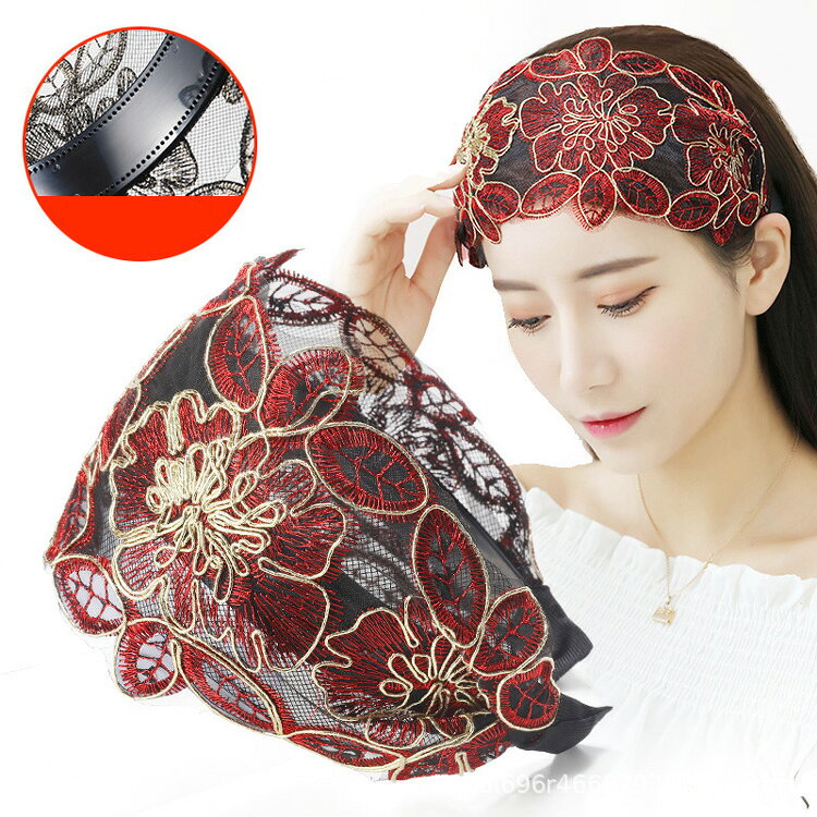 カチューシャ 全5色 刺繍 花柄 幅広 レース 赤 普段使い 痛くない ブラック ヘアア...