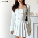 FashionSale全品5%OFFCoupon セットアップ 全2色 ショート丈トップス プリーツスカート 上下セット 長袖 ダブルボタン スクエアネック ミニスカート パーティー きれいめ 大きいサイズ 上品 二次会 お呼ばれ 春 秋冬 hnw4760969