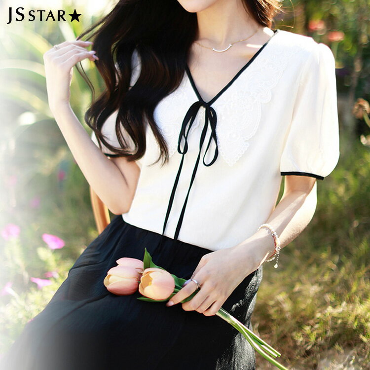 ブラウス 刺繍 レース襟 ビッグカラー バイカラー 半袖 オフィス ブラウストップス カジュアル きれいめ 春トップス 夏トップス 春 夏 オフィスブラウス ビジネス OL【hum23400150】