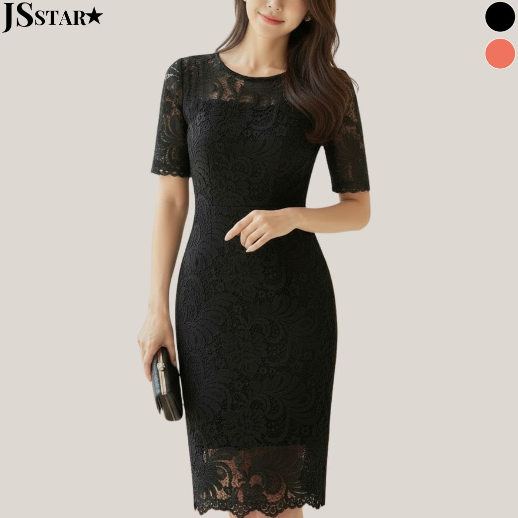 レースワンピース タイト ラウンドネック 袖あり 半袖 シンプル 膝丈 結婚式 パーティードレス お呼ば..