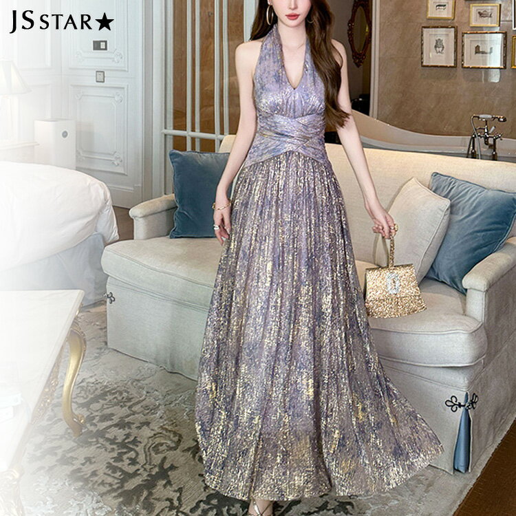 Aラインワンピース ホルターネック Vネック 金箔風 アート柄 ウエストマーク パーティードレス ノースリーブ 同窓会 マキシ丈 ロング丈 上品 リゾート 春夏秋冬オケージョン jy8301547