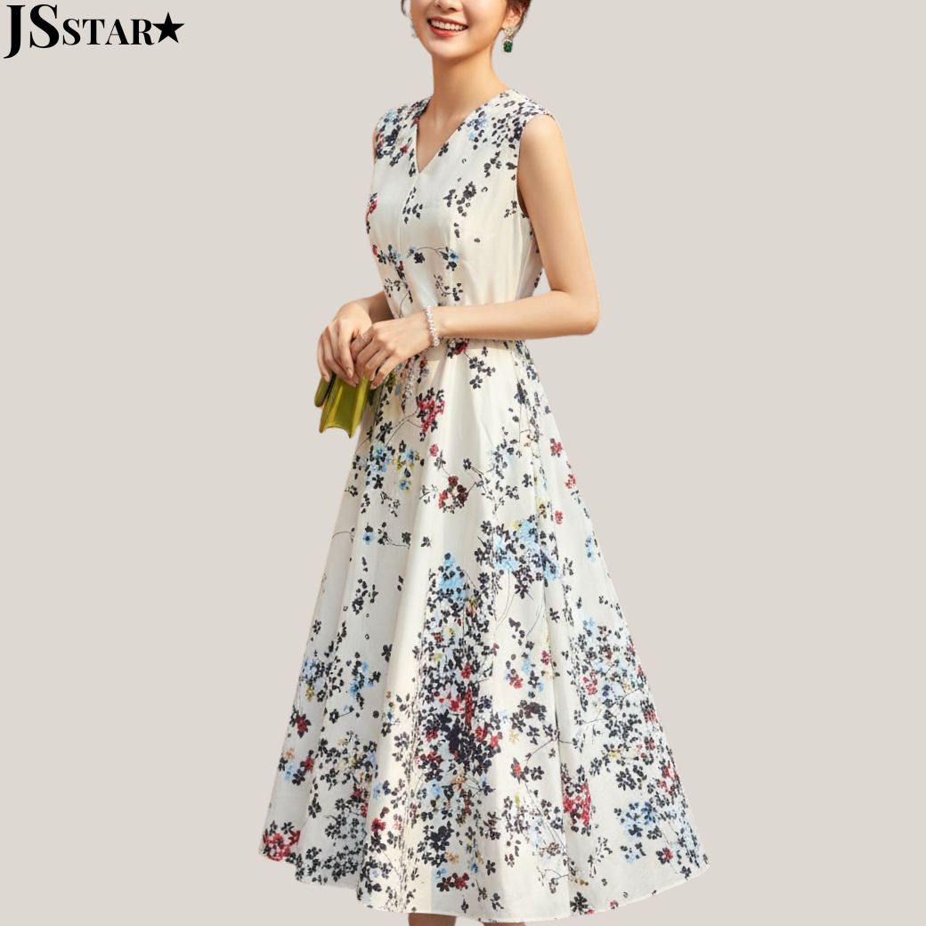 花柄ワンピース ベルト付き Vネック Aライン フレア ノースリーブ 膝丈 ロング丈 きれいめ オフィスカジュアル お呼ばれドレス 春 夏 ホワイト 白 S M L XL 大きいサイズ