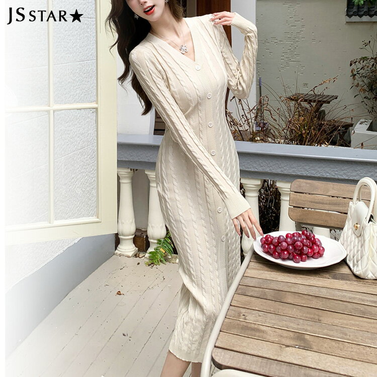 ニットワンピース ケーブル編み 全2色 Vネック ニット 長袖 黒 タイト ワンピース 膝下丈 ミモレ丈 ロングワンピ きれいめ おしゃれ 上品 大人 かわいい デート 秋冬jkd1400137