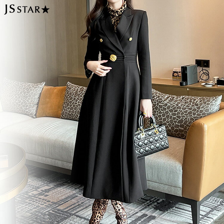 ロングコート ハイウェスト ゴールドボタン 長袖 ピークドラペル ブラック 黒 かっこいい 大きいサイズ アウター 羽織り おしゃれ クール フォーマル 結婚式...
