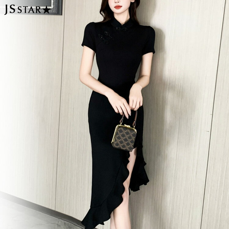 FashionSale全品5%OFFCoupon ワンピース チャイナドレス風 アシンメトリー スリット入り 半袖 ブラックドレス 黒 タイト ワンピース ロング丈 ロングワンピース きれいめ 二次会 お呼ばれ 春夏オケージョン mil6400141