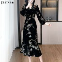 ワンピース 全2色 蝶々柄 カシュクールワンピース ロング丈 ワンピース ボリューム袖 長袖 ロングワンピ きれいめ 普段使い 普段着 シア- エレガント 上品 大人可愛い 春秋冬wm4820285