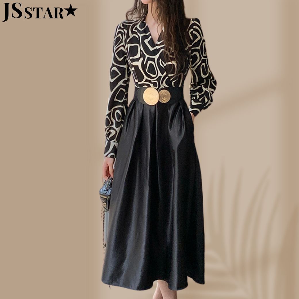 樂天商城 - ドレスワンピース ベルト付き 切替 柄ワンピース サテン パーティードレス お呼ばれドレス Aライン フレア カシュクール Vネック 長袖 ロング丈 カクテルドレス きれいめ おしゃれ 上品 かっこいい 大きいサイズ 結婚式 二次会 成人式 春 夏 秋 冬 S M L XLサイズ