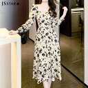花柄 ワンピース 長袖 薄手 Aライン ダイヤモンドネック パフスリーブ大人可愛い フレアワンピ ミディアム丈 膝下丈 きれいめ 二次会 フェミニン オフィス 体型カバー 大きいサイズ リゾート 春夏秋ypy8310250