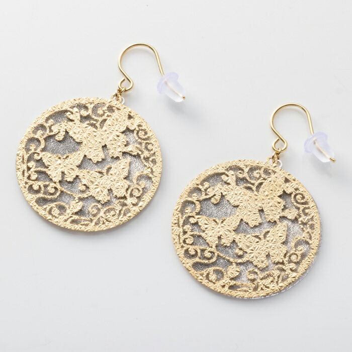 K18YG WG コンビ 2枚重ね 透かし ラウンド フックピアス 18金 イエローゴールド ホワイトゴールド バタフライ モチーフ 蝶 ピアス 約7.0g 左右合計のサムネイル