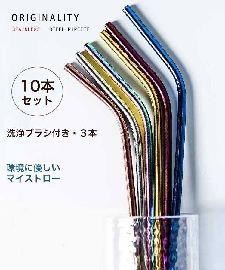 【繰り返し使える】 ストロー ステンレス 無地 10本セット(2デザイン) 使い捨てない マイストロー 繰り返し 洗浄ブラシ付き エコ カラフル 送料無料