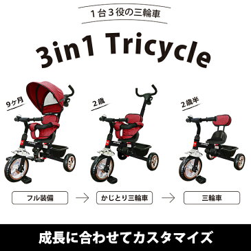 JTC 3in1 Tricycle (ディープレッド) 三輪車 手押し棒 かじとり おしゃれ シンプル 子供 赤ちゃん 乗り物 乗用玩具 クリスマス 誕生日 プレゼント 1歳 2歳 3歳 4歳