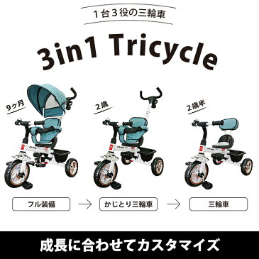 JTC 3in1 Tricycle (ペールブルー) 三輪車 手押し棒 かじとり おしゃれ シンプル 子供 赤ちゃん 乗り物 乗用玩具 クリスマス 誕生日 プレゼント 1歳 2歳 3歳 4歳