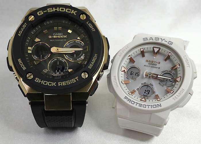 ・常時在庫しておりますG-SHOCK&amp;Baby-G ・発送は365日毎日しております ・1000セット以上の品揃えは当店だけ ・専用のカシオペアケース ・シーンにあったラッピンクとメッセージカードも用意してます ・ご自身の希望モデルを組み合わせも可能です カシオのペアだから「カシオペア」 カシオペアを贈って幸せになりましょう ブランド G-SHOCK(ジーショック) G-STEEL 型番 GST-W300G-1A9JF ケース素材 合成樹脂 ケース直径・幅 49.3 mm ケース厚 15.3 mm バンド素材・タイプ ウレタン・ラバー系 ベルトタイプ バンドカラー ブラック ベゼル素材 ステンレススチール カレンダー機能 フルオートカレンダー、日付、曜日表示 その他 機能 ソーラー電波時計 , ワールドタイム, アラーム , LEDライト , 夜光インデックス 本体重量 86 g 日常生活用強化防水:20BAR メーカー保証 1年間保証 セット内容:本体、ボックス、取扱説明書、 保証書は取扱説明書に付属 ブランド Baby-G(ベビージー) BGA-2500-7AJF ケースの形状ラウンドフェイス 風防素材ミネラルガラス 表示タイプアナデジ表示 留め金バックル(尾錠) ケース素材合成樹脂 ケース直径・幅41 mm ケース厚13.3 mm バンド素材・タイプウレタン・ラバー系 ベルトタイプ バンド長約12.5~18cm ベゼル素材合成樹脂 カレンダー機能フルオートカレンダー、日付、曜日表示 その他 機能 ソーラー電波時計 , ワールドタイム, アラーム , LEDライト 本体重量36 g ムーブメント クオーツ メーカー保証1年間保証 セット内容:本体、その他、取扱説明書、 保証書は取扱説明書に付属 G-SHOCK&amp;BABY-Gペアウォッチは いつでもあなたの幸せを演出いたします 祝事 合格祝い 進学内祝い 成人式 御成人御祝 卒業記念品 卒業祝い 御卒業御祝 入学祝い 入学内祝い 中学校 高校 大学 就職祝い 社会人 御祝い 内祝い 引き出物 金婚式 銀婚式 御結婚お祝い ご結婚御祝い 御結婚御祝 結婚祝い 結婚内祝い 結婚式 誕生日 バースデー バースディ バースディー 昇進祝い 昇格祝い 就任 ウエディングギフト 結納 結納返し 結婚記念日 プチギフト プロポーズ 告白 バレンタインデー バレンタインデイ ホワイトデー ホワイトデイ ギフト プレゼント ハロウィーン サプライズイベント 親孝行 お返し 御礼 お礼 謝礼 御返し お返し お祝い返し 季節のご挨拶 御正月 お正月 御年賀 お年賀 御年始 母の日 父の日 御中元 お中元 敬老の日 クリスマス クリスマスプレゼント お歳暮 御歳暮 春夏秋冬 長寿のお祝い 還暦（かんれき） 還暦御祝い 還暦祝 祝還暦 華甲（かこう） 古希 法人向け 異動 転勤 定年退職 退職 転職 お餞別 贈答品 心ばかり 寸志 新歓 歓迎 送迎 新年会 忘年会 二次会 記念品 景品 転職祝い 送別会 ここが喜ばれてます ペアウォッチ ラッピング 手書きメッセージ 中の写真 上品 上質 高級 おしゃれ 可愛い かわいい 人気 おすすめこんな想いで… ありがとう ごめんね おめでとう 今までお世話になりました 祝福 これから よろしくお願いします 遅れてごめんねサプライズ 愛してる 君に夢中 気になっています こんな方に 夫 妻 恋人 両親 カップル 彼女 彼氏 お父さん お母さん 兄弟 姉妹 子供 おばあちゃん おじいちゃん 先生 職場 先輩 後輩 同僚 親友G-SHOCKとBaby-Gのペアウオッチです カシオのペアだから「カシオペア」 カシオペアを贈って幸せになりましょう 当店は1000セット以上G-SHOCKペアをご用意してます こちらです ↓