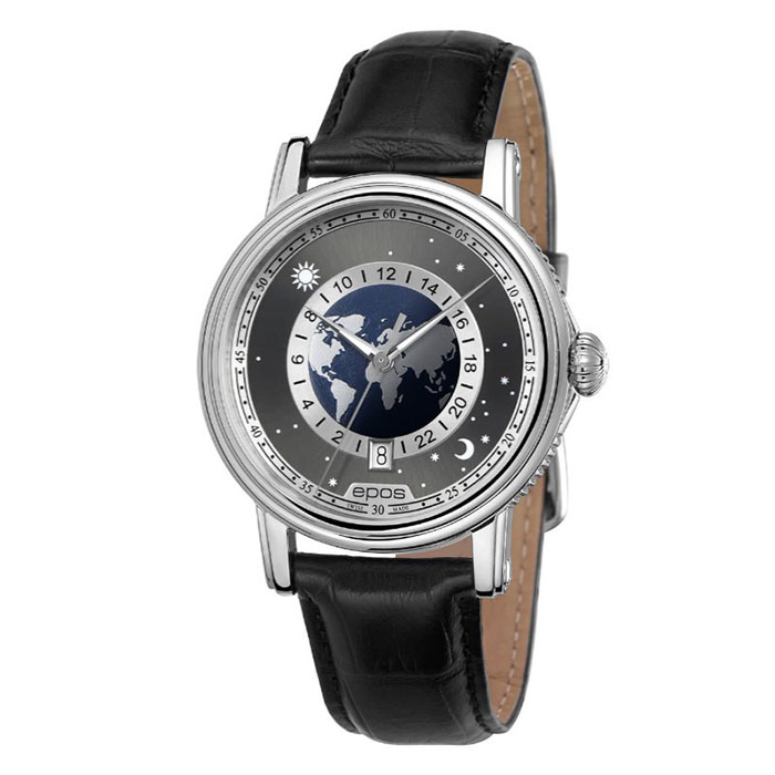 エポス 腕時計（メンズ） エポス メンズ腕時計 EPOS epos emotion24h Globe 339024HBK 自動巻き 機械式 シースルー オートマチック 皮ベルト スイス腕時計 メンズウオッチ 越前打刃物プレゼント