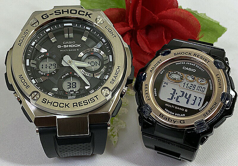 ・常時在庫しておりますG-SHOCK&amp;Baby-G ・発送は365日毎日しております ・1000セット以上の品揃えは当店だけ ・専用のカシオペアケース ・シーンにあったラッピンクとメッセージカードも用意してます ・ご自身の希望モデルを組み合わせも可能です 当店は男女別々のデザインでも柔軟にペアを組んでます もしここにはない男女別々のペアがご希望の場合はお問い合わせください 柔軟にペアを組ませていただきます 店長　村田秀幸 G-SHOCK(ジーショック) 型番 GST-W110-1AJF 発売年 2015 風防素材 無機ガラス 表示タイプ アナデジ表示 ケース素材 ステンレス/樹脂 ケース直径・幅 52ミリ ケース厚 16ミリ バンド素材・タイプ 樹脂 ベルトタイプ バンド長 約14.5~21.5cm バンドカラー ブラック カレンダー機能 日付表示、曜日表示 その他 機能 ワールドタイム, アラーム 本体重量 109 g ムーブメント 世界6局対応電波ソーラー メーカー保証 1年間保証 セット内容:本体、ボックス、取扱説明書、保証書は取扱説明書に付属 日常生活用強化防水:20BAR 耐衝撃構造 フルオートダブルLEDライト：文字板用LEDライト（残照機能、残照時間切替（1.5秒/3秒）付き LCD 部用LEDバックライト（残照機能、残照時間切替（1.5秒/3秒）付き） ブランド Baby-G(ベビージー) 型番 BGR-3003U-1JF ケースの形状 円形 風防素材 ミネラル 表示タイプ デジタル 留め金 タングバックル ケース素材 樹脂 ケース直径・幅 40 ミリ ケース厚 12.9 ミリ バンド素材・タイプ 樹脂 バンドカラー ブラック ベゼル素材 アルミニウム ベゼル機能 固定ベゼル カレンダー機能 日付と曜日 LEDライト , 耐衝撃構造、ELバックライト(残照機能付き)、バッテリーインジケーター表示、パワーセービング機能 2021年モデル(スーパーイルミネータータイプ)前作のBGR-3000に比べ、より明るく白く光ります 防水仕様:20気圧防水機能 ソーラー電波時計 ワールドタイム GMT/UTC アラーム メーカー保証　1年 セット内容:本体、ボックス、取扱説明書、保証書は取扱説明書に付属 G-SHOCK&amp;BABY-Gペアウォッチは いつでもあなたの幸せを演出いたします 祝事 合格祝い 進学内祝い 成人式 御成人御祝 卒業記念品 卒業祝い 御卒業御祝 入学祝い 入学内祝い 中学校 高校 大学 就職祝い 社会人 御祝い 内祝い 引き出物 金婚式 銀婚式 御結婚お祝い ご結婚御祝い 御結婚御祝 結婚祝い 結婚内祝い 結婚式 誕生日 バースデー バースディ バースディー 昇進祝い 昇格祝い 就任 ウエディングギフト 結納 結納返し 結婚記念日 プチギフト プロポーズ 告白 バレンタインデー バレンタインデイ ホワイトデー ホワイトデイ ギフト プレゼント ハロウィーン サプライズイベント 親孝行 お返し 御礼 お礼 謝礼 御返し お返し お祝い返し 季節のご挨拶 御正月 お正月 御年賀 お年賀 御年始 母の日 父の日 御中元 お中元 敬老の日 クリスマス クリスマスプレゼント お歳暮 御歳暮 春夏秋冬 長寿のお祝い 還暦（かんれき） 還暦御祝い 還暦祝 祝還暦 華甲（かこう） 古希 法人向け 異動 転勤 定年退職 退職 転職 お餞別 贈答品 心ばかり 寸志 新歓 歓迎 送迎 新年会 忘年会 二次会 記念品 景品 転職祝い 送別会 ここが喜ばれてます ペアウォッチ ラッピング 手書きメッセージ 中の写真 上品 上質 高級 おしゃれ 可愛い かわいい 人気 おすすめこんな想いで… ありがとう ごめんね おめでとう 今までお世話になりました 祝福 これから よろしくお願いします 遅れてごめんねサプライズ 愛してる 君に夢中 気になっています こんな方に 夫 妻 恋人 両親 カップル 彼女 彼氏 お父さん お母さん 兄弟 姉妹 子供 おばあちゃん おじいちゃん 先生 職場 先輩 後輩 同僚 親友