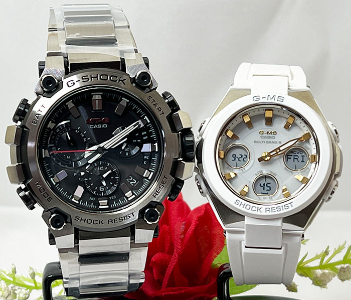 恋人たちのGショック G-SHOCK BABY-G ペアウォッチ gショック 人気 婚約 夫婦 高級 クリスマス プレゼント おすすめペア腕時計 カシオ 2本セット gショック 電波ソーラー MTG-B3000D-1AJF MSG-W100-7A2JF ラッピング無料 手書きのメッセージカード あす楽対応
