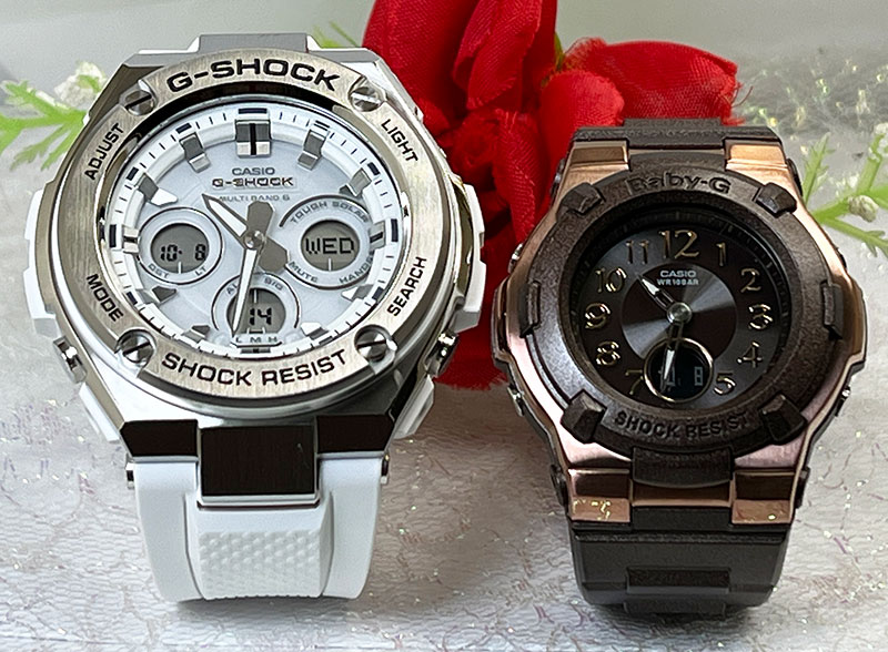ペアウォッチ g-ショック 恋人たちのGショックペアウォッチ人気 婚約 夫婦 高級 クリスマス プレゼント おすすめ G-SHOCK BABY-G カシオ 2本セット 電波ソーラー GST-W310-7AJF BGA-1100DC-5AJF 手書きのメッセージお付けいたします 誕生日 お祝い
