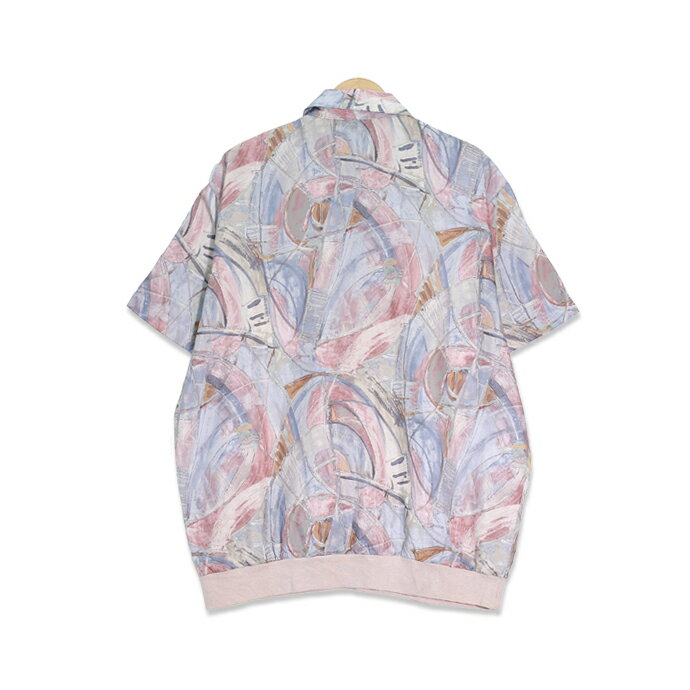 90年代 抽象柄 プルオーバー 半袖シャツ シルク メンズMサイズ ライトブルー/ピンク ユーズド 古着 t200518-106