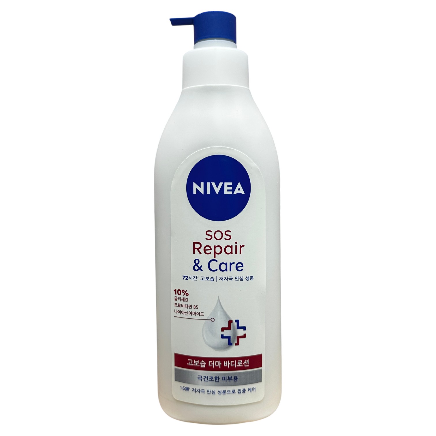 ニベア SOSリペア&ケア 高保湿ダーマボディローション 400ml 1本 NIVEA SOS Repair & Care / グリセリン10% 72時間保湿 / 超乾燥肌向け 低刺激 NIVEA 正規品 / 並行輸入品 ・グリセリン10%配合の高保湿ダーマボディローション・72時間うるおいを持続 ・プロビタミンB5・ナイアシンアミド配合で超乾燥肌・敏感肌を集中ケア ・16種の低刺激安心成分で構成・敏感肌の方も安心してお使いいただけます ■商品情報 ブランド：ニベア（NIVEA）　 商品名：SOSリペア&ケア 高保湿ダーマボディローション　 内容量：400ml　 対象肌：超乾燥肌・敏感肌向け　 原産国：タイ ■主な配合成分 グリセリン 10%プロビタミンB5ナイアシンアミド16種低刺激安心成分 ■期待できる効果 ・72時間高保湿：グリセリン10%配合で1日中うるおいをキープ。超乾燥肌の方にも頼れる保湿力。 ・ダメージ肌の集中ケア：プロビタミンB5・ナイアシンアミドが乾燥・荒れた肌を内側からケア。 ・低刺激・敏感肌向け：16種の安心成分で構成。肌が弱い方・敏感肌の方も安心してご使用いただけます。 ・軽いテクスチャー：べたつかずさらっとなじむボディローション。毎日のボディケアに。 ■使い方 入浴後、肌がまだ湿っているうちに適量を手に取り、全身になじませてください。特に乾燥が気になる部分には重ねてお使いいただけます。 ブランド：ニベア（NIVEA）　 原産国：タイ　 内容量：400ml　 区分：化粧品（ボディローション）　 配送：送料無料 ■ご注意　・肌に異常が生じた場合は使用を中止してください。・目に入った場合はすぐに洗い流してください。・直射日光・高温多湿を避けて保管してください。・本品は並行輸入品のため外箱・ラベルは韓国語表記です。 【ご購入前に必ずご確認ください】 1. 本商品は韓国経由の国際配送となります。 2. 日本の税関通関のため、必ず「個人名・個人住所」でご注文ください。 ※法人名・会社住所での注文は通関できない場合がございます。 3. ご注文確定後、2営業日以内に発送いたします。 4. 発送日は、韓国での出荷作業が完了した時点で登録されます。 ※発送日は到着日ではございません。発送日より4日〜7日程度でお届けの予定です。 5. 配送状況の追跡は、日本の税関を通過し、国内の配送会社へ引き渡された後からご利用いただけます。 ※それ以前は追跡情報が表示されない場合がございますが、ご安心ください。 6. 万が一、商品が偽物であった場合は全額返金いたします。正規品のみを取り扱っておりますので、安心してご購入ください。 7. メーカーの仕様変更により、パッケージデザインが予告なく変更される場合がございます。また、まれに内容成分がより良くなるよう改良される場合もございますが、商品名および基本的な品質・効果に変わりございませんので、どうぞご安心くださいませ。 8. 発送開始後は、配送先住所の変更を承ることができません。 ご注文の際は、お届け先住所を必ずご確認の上でご注文くださいませ。 9. 日本国内への配送料は無料でございます。ただし、沖縄県へのお届けの場合は、追加送料が発生いたします。あらかじめご了承くださいませ。