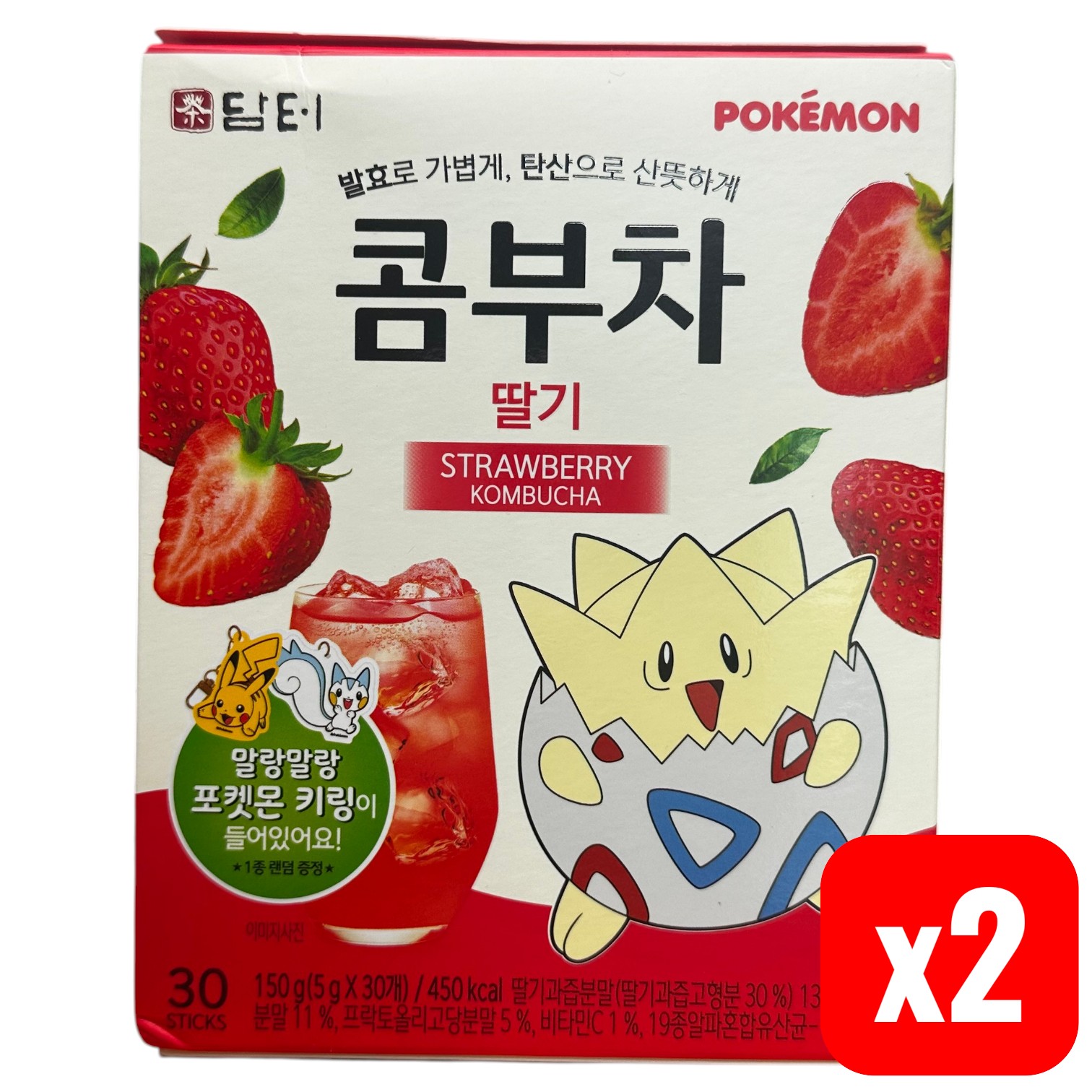 ダムト ストロベリーコンブチャ 30スティック×2箱セット Damtuh Strawberry Kombucha / いちご果汁13% × コンブチャ11% × 19種乳酸菌 ダムト 正規品 / 並行輸入品 ・いちご果汁13%配合の甘酸っぱいストロベリーコンブチャ ・コンブチャ11%×19種乳酸菌×フラクトオリゴ糖5%で腸活をしっかりサポート ・水に溶かすだけ・スティックタイプで持ち運びも便利 ■商品情報 ブランド：ダムト（Damtuh）　 フレーバー：ストロベリー（いちご）　 内容量：5g×30スティック×2箱（300g）　 カロリー：1スティック15kcal　 原産国：韓国 ■主な配合成分 いちご果汁 13% コンブチャ 11% 19種乳酸菌 1% フラクトオリゴ糖 5% ビタミンC 1% ■期待できる効果 ・腸活・腸内環境改善：19種乳酸菌＋フラクトオリゴ糖が腸内環境をしっかりサポート。 ・デトックス・クレンズ：発酵コンブチャの有機酸が老廃物の排出をサポート。 ・美容・インナーケア：ビタミンC配合で体の内側からキレイを目指す。 ・低カロリー：1スティックわずか15kcal。置き換えや間食のかわりにも。 ■飲み方 水150〜200mlにスティック1本を溶かしてお飲みください。炭酸水に溶かすとよりさわやかな味わいに。※1日1〜2スティックを目安にお召し上がりください。 ブランド：ダムト（Damtuh）　 原産国：韓国　 内容量：5g×30スティック×2箱（300g）　 区分：食品　 配送：送料無料 ■ご注意　・食物アレルギーのある方は原材料をご確認の上お召し上がりください。・開封後はお早めにお召し上がりください。・直射日光・高温多湿を避けて保管してください。・本品は並行輸入品のため外箱・ラベルは韓国語表記です。・賞味期限はパッケージをご確認ください。 【ご購入前に必ずご確認ください】 1. 本商品は韓国からの国際配送となります。 2. 日本の税関通関のため、必ず「個人名・個人住所」でご注文ください。 ※法人名・会社住所での注文は通関できない場合がございます。 3. ご注文確定後、2営業日以内に発送いたします。 4. 発送日より最短4〜7日程度でお届けの予定です。 5. 配送状況の追跡は、日本の税関を通過し、国内の配送会社へ引き渡された後からご利用いただけます。 6. 万が一、商品が偽物であった場合は全額返金いたします。正規品のみを取り扱っておりますので、安心してご購入ください。 7. メーカーの仕様変更により、パッケージデザインが予告なく変更される場合がございます。 8. 発送開始後は、配送先住所の変更を承ることができません。 9. 日本国内への配送料は無料でございます。ただし、沖縄県へのお届けの場合は、追加送料が発生いたします。