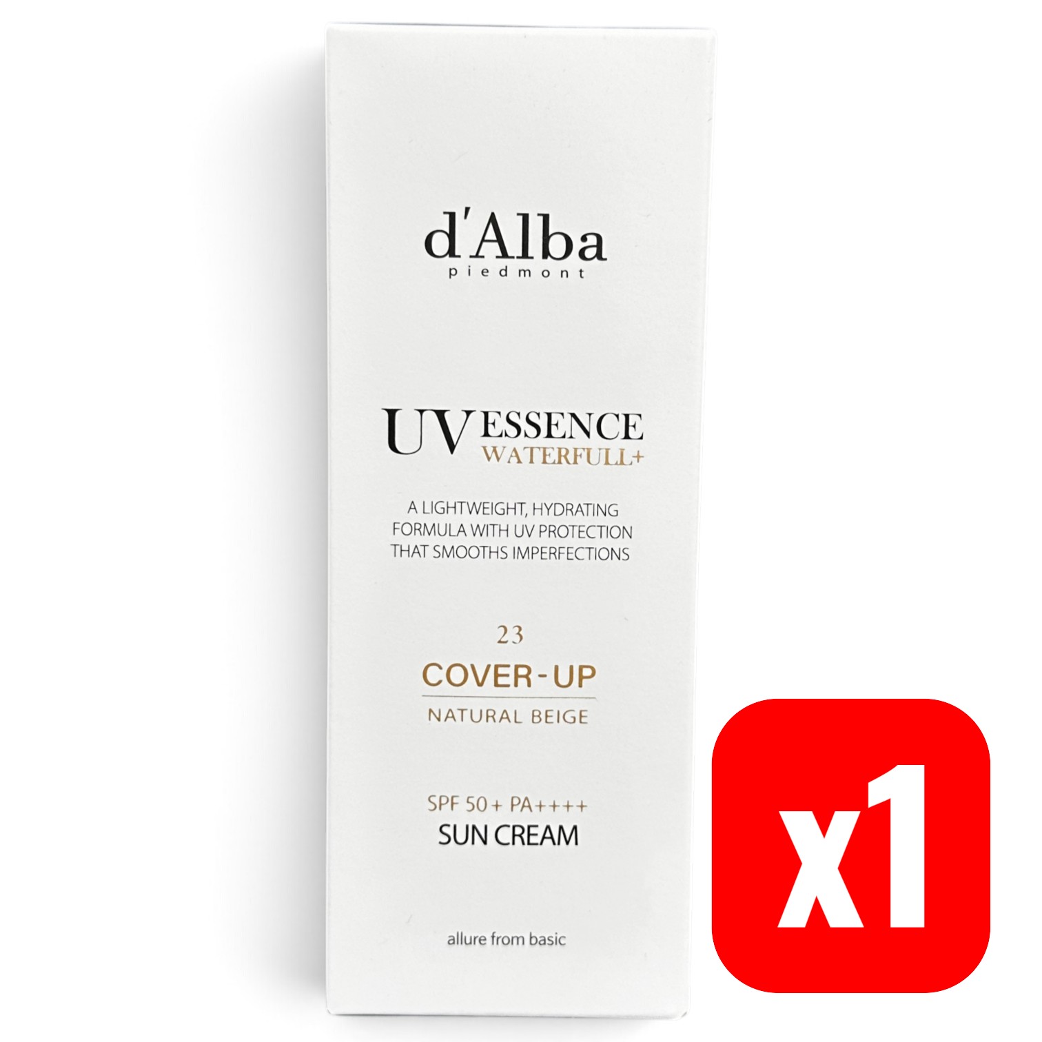 d'Alba / ダルバ ウォーターフル トーンアップサンクリーム ナチュラルカバーベージュ 23号 50ml × 1本【1本】 / SPF50+ PA++++ これ1本で、トーン補正・UVケア・自然なカバー力を。 白トリュフ配合で人気の韓国ブランド「d'Alba」のサンクリーム。 白トリュフスキンケアの「d'Alba」 d'Alba（ダルバ）は希少な白トリュフを主原料としたスキンケアで人気の韓国ブランド。このウォーターフル トーンアップサンクリームは、化粧下地としても使えるナチュラルカバーベージュ（23号）で、素肌のようなツヤ感を演出しながら紫外線をしっかりカットします。 ★ SPF50+ PA++++／自然なカバー力 みずみずしいテクスチャーがムラなく肌に密着し、うるおいを与えながら肌の凹凸や色ムラを自然にカバー。しっとりとしたツヤ肌に整えながら、しっかりと紫外線対策ができます。 化粧下地にも 自然なツヤ肌 SPF50+PA++++ ベージュカラーで色ムラを自然にカバー みずみずしく密着するテクスチャー しっかり紫外線をブロック 使い方 スキンケアの最後に適量を手に取り、顔全体に均一に伸ばして塗布してください。紫外線に当たる30分ほど前の使用がおすすめです。 商品情報 ブランドd'Alba（ダルバ） 商品名ウォーターフル トーンアップサンクリーム（ナチュラルカバーベージュ）23号 内容量50ml × 1本 SPF/PASPF50+ PA++++ 製造国韓国 ご使用上の注意 使用中・使用後に赤み・腫れ・かゆみ等の異常が生じた場合は使用を中止し、専門医にご相談ください。傷のある部位への使用は避けてください。目に入った場合はすぐに水で洗い流してください。乳幼児の手の届かない場所で保管してください。 【ご購入前に必ずご確認ください】 本商品は韓国からの国際配送となります。ご注文の際は必ず「個人名・個人住所」でご注文ください（法人名・会社住所では通関できない場合がございます）。 ご注文確定後、2営業日以内に発送いたします。発送日より最短4〜7日程度でお届けの予定です。 配送追跡は、日本の税関を通過し、国内の配送会社へ引き渡された後からご利用いただけます。※それ以前は追跡情報が表示されない場合がございますが、発送は完了しておりますのでご安心ください。 万が一、偽物であった場合は全額返金いたします。100%正規品のみ取り扱っております。 メーカーの仕様変更により、パッケージデザインが予告なく変更される場合がございます。また、まれに内容成分がより良くなるよう改良される場合もございますが、商品名および基本的な品質・効果に変わりございませんので、どうぞご安心くださいませ。 在庫状況により、ご注文後に商品の確保ができない場合がございます。その際は速やかにご連絡し、全額返金いたします。 日本国内への送料は無料です。沖縄県へのお届けのみ追加送料が発生いたします。 本商品は並行輸入品ですが、関税・消費税が発生しないよう適切な方法で発送しております。 商品の性質上、お客様都合による返品・交換はお受けできない場合がございます。ただし、商品に瑕疵がある場合はご対応いたします。 天候・税関検査・繁忙期等の影響により、お届けが遅延する場合がございます。予めご了承ください。