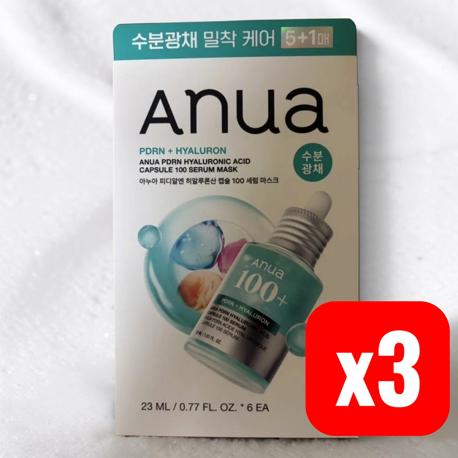 Anua / アヌア PDRN ヒアルロン酸 カプセル100 セラムマスク 23ml×6枚入 【3セット（18枚）】 正規品保証　｜　発送後4〜6日以内到着　｜　韓国から発送 肌にぴたっと密着、水分ツヤをチャージ 人気セラム「PDRN ヒアルロン酸 カプセル100 セラム」の成分を詰め込んだ、1枚たっぷり23mlのシートマスクです。 セラムの成分をたっぷり含んだウォータージェルシート 韓国で人気のAnua（アヌア）「PDRN ヒアルロン酸 カプセル100 セラムマスク」は、PDRN・ヒアルロン酸・コラーゲンを配合したセラムをたっぷり含ませたシートマスクです。肌の凹凸にぴったり密着する超薄型のウォータージェルシートで、うるおいとツヤのある肌へ導きます。 ★ PDRN × ヒアルロン酸 × コラーゲン PDRN（DNA-Na）、ヒアルロン酸、コラーゲンを配合。1枚23mlのたっぷりセラムで、10〜20分のパックで肌をうるおいで満たします。3セットなら、毎日のケアも安心です。 PDRN配合 ヒアルロン酸配合 コラーゲン配合 人気セラムの成分を凝縮 うるおいをチャージ みずみずしいハリ感のある印象へ 使い方 1. 洗顔後、トナーで肌を整えます。2. シートマスクの保護フィルムを外し、お顔にぴったりと密着させます。3. 10〜20分後にシートをはがし、軽くたたくようになじませて、残った美容液を肌に浸透させます。 商品情報 ブランドAnua（アヌア） 商品名PDRN ヒアルロン酸 カプセル100 セラムマスク セット内容6枚入 × 3箱（計18枚） 内容量23ml／1枚（1箱6枚入） 主な成分PDRN（DNA-Na）、ヒアルロン酸、加水分解コラーゲン、ナイアシンアミド、アデノシン、パンテノール、アラントイン ほか 製造国韓国 区分化粧品 ★ 3セット：6枚入×3箱、合計18枚でお届けします。まとめ買いでお得です！ ご使用上の注意 化粧品の使用中または使用後に、直射日光により赤み、はれ、かゆみ等の異常が現れた場合は使用を中止し、専門医にご相談ください。傷やはれもの、湿疹等異常のある部位にはお使いにならないでください。目に入った場合はすぐに水で洗い流してください。開封後はお早めにご使用ください。乳幼児の手の届かない場所に、直射日光を避けて保管してください。 【ご購入前に必ずご確認ください】 本商品は韓国からの国際配送となります。ご注文の際は必ず「個人名・個人住所」でご注文ください（法人名・会社住所では通関できない場合がございます）。 ご注文確定後、2営業日以内に発送いたします。発送日より最短4〜7日程度でお届けの予定です。 配送追跡は、日本の税関を通過し、国内の配送会社へ引き渡された後からご利用いただけます。※それ以前は追跡情報が表示されない場合がございますが、発送は完了しておりますのでご安心ください。 万が一、偽物であった場合は全額返金いたします。100%正規品のみ取り扱っております。 メーカーの仕様変更により、パッケージデザインが予告なく変更される場合がございます。また、まれに内容成分がより良くなるよう改良される場合もございますが、商品名および基本的な品質・効果に変わりございませんので、どうぞご安心くださいませ。 発送の際、外箱（化粧箱）を取り外し、マスクパック（個包装）のみでお届けする場合がございます。予めご了承ください。 在庫状況により、ご注文後に商品の確保ができない場合がございます。その際は速やかにご連絡し、全額返金いたします。 日本国内への送料は無料です。沖縄県へのお届けのみ追加送料が発生いたします。 本商品は並行輸入品ですが、関税・消費税が発生しないよう適切な方法で発送しております。 商品の性質上、お客様都合による返品・交換はお受けできない場合がございます。ただし、商品に瑕疵がある場合はご対応いたします。 天候・税関検査・繁忙期等の影響により、お届けが遅延する場合がございます。予めご了承ください。