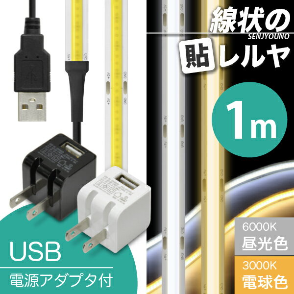 【USB電源アダプタ 付】 LEDテープライト [一本線] 線状の貼レルヤ USB（昼光色/電球色 1m）+ USB AC セット・明かりムラも無く明るい一本 LEDライト・両面テープで好きな場所に貼り付け可能・USB電源 6000K 3000K 送料無料