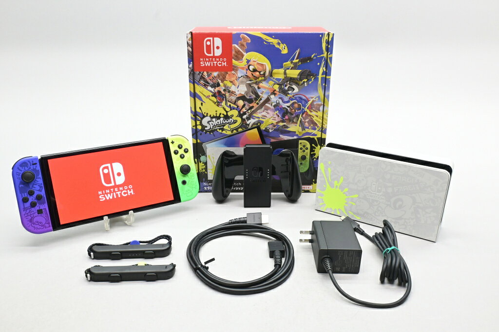 ■ 外観ランク：A (すり傷・塗装剥げ・変色がほとんどなく、きれいな中古品） ※中古商品につき、微細なキズ・汚れがございます。ご了承の上、お買い求め下さい。 ■返品・返金保証期間 1ヶ月 ■商品のご案内 商品名：Nintendo Switch (有機ELモデル) スプラトゥーン3エディション メーカー：ニンテンドー 型番：HEG-S-KCAAA JAN/ISBN：4902370549706 ■付属品 ACアダプター HDMIケーブル Joy-Conグリップ Joy-Conストラップ(特別デザイン)×2 Joy-Con(R)(特別デザイン) Joy-Con(L)(特別デザイン) ドック(特別デザイン) 化粧箱 ■特記事項 付属品上記記載分のみ。 画面薄キズあり 本体キズあり その他仕様の詳細はメーカーHPにてご確認下さい。 ■社内処理欄 2098961628102 RGLDM-HEGSKCAAA[24.09.26]【中古】Nintendo Switch (有機ELモデル) スプラトゥーン3エディション HEG-S-KCAAA ※商品写真はクリックで拡大出来ます ※化粧箱(元箱)は記載や商品写真に無い場合、付属いたしません。