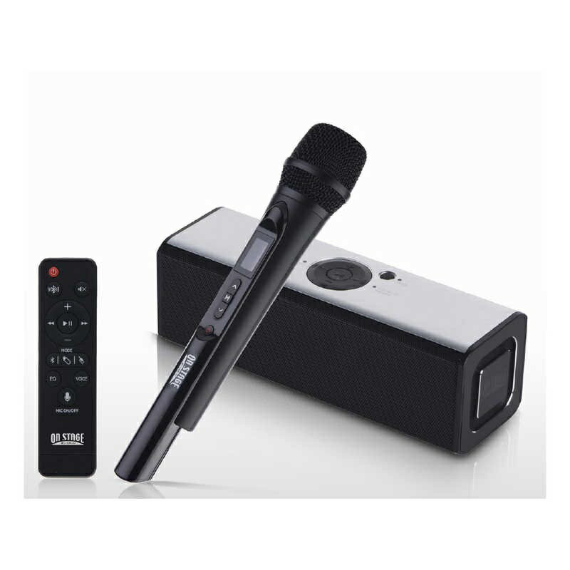 ■この商品に関して ※お家でも！ どこでも！迫力のスピーカー・ワイヤレスマイク・アプリ連動で本格カラオケ! ■仕　様 ○スピーカー：フルレンジPassive Radiator bass型 ○最大出力：10W+10W ○ワイヤレス：Bluetooth5.0 ○連続使用時間：約4時間 ○入／出力ポート：AUX入力端子、イヤホン端子、充電用USBポート(Micro B)、MP3再生用USBポート(USB-A) ○サイズ：ワイヤレスマイク φ47.5×250mm/ スピーカーユニット 207(幅)×66(高さ)×66(奥行) mm ○重量：ワイヤレスマイク 約140g / スピーカーユニット 約580g ○付属品：リモコン、充電用USBケーブル、取扱説明書（保証）、単3電池（マイク用）・単4電池（リモコン用） 各2本、オーディオケーブル、ストリーミングサービス利用クーポン1年分（6ヵ月×2枚） ■保証期間 メーカー保証1年 ■特記事項 ※この商品は化粧箱に破損や汚れ、長期保管による日焼け等がございますが「新品」です。 ※ご購入いただく際に商品のご希望を伺うことはできません。ご了承の上、ご購入いただきますようお願いいたします。【箱破損 または 箱汚れ品】 ONSTAGE PK-B2K ※この商品は化粧箱に破損や汚れ、長期保管による日焼け等がございますが「新品」です。 ※ご購入いただく際に商品のご希望を伺うことはできません。ご了承の上、ご購入いただきますようお願いいたします。